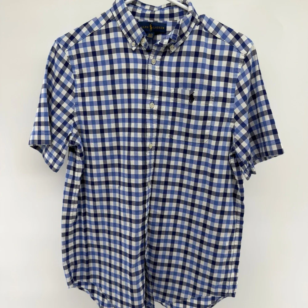 Ralph Lauren Kids Boys‎ Plaid Button Down Shirt XL Gingham Short Sleeve Blue